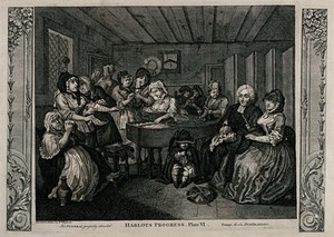 view A coffin containing the body of Moll Hackabout surrounded by a parson and other so-called mourners. Engraving after William Hogarth.
