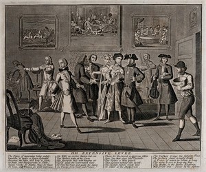 view The elaborately dressed rake holds a purse as a man presents him with an invoice; a lace-seller, a fencing master, a violin player, a cocker and a jockey represent the services and pursuits he is engaged in. Engraving by Thomas Bowles, 1735.