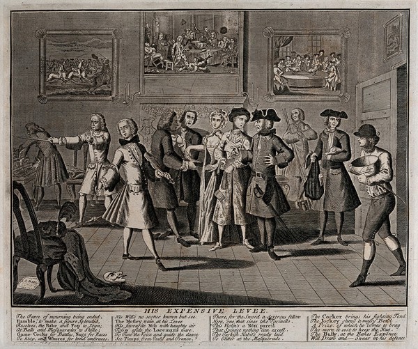 The elaborately dressed rake holds a purse as a man presents him with an invoice; a lace-seller, a fencing master, a violin player, a cocker and a jockey represent the services and pursuits he is engaged in. Engraving by Thomas Bowles, 1735.