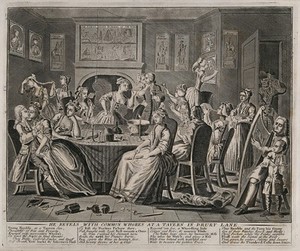 view The rake carouses in a tavern full of prostitutes. Engraving by Thomas Bowles, 1735.