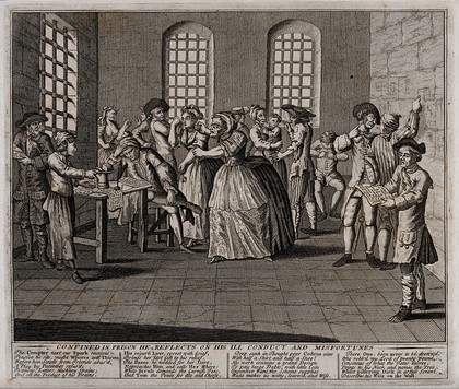 In prison, Ramble Gripe pores over a document ignoring the harangues from his elderly wife and the sobs of his loyal sweetheart who visit him. Engraving by Thomas Bowles, 1735.