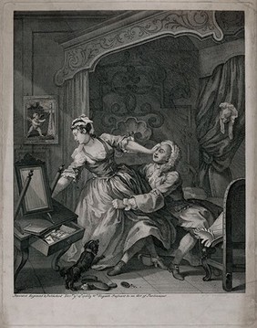 In a lady's bedchamber a young woman struggles as a man pulls her towards him clutching at her dress. Engraving by W. Hogarth, 1736, after himself.