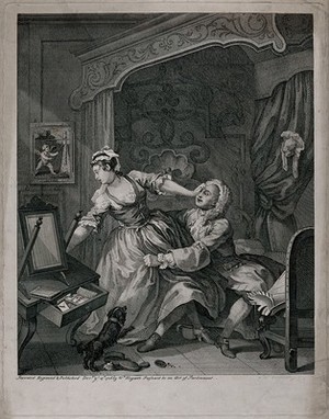 view In a lady's bedchamber a young woman struggles as a man pulls her towards him clutching at her dress. Engraving by W. Hogarth, 1736, after himself.