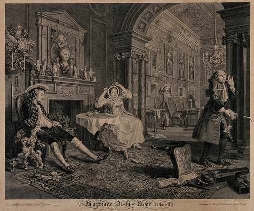 The viscount sits despondent in a chair, his wife indicates tiredness by stretching her arms, while a disapproving steward exits carrying a handful of bills. Engraving by B. Baron after W. Hogarth, 1745