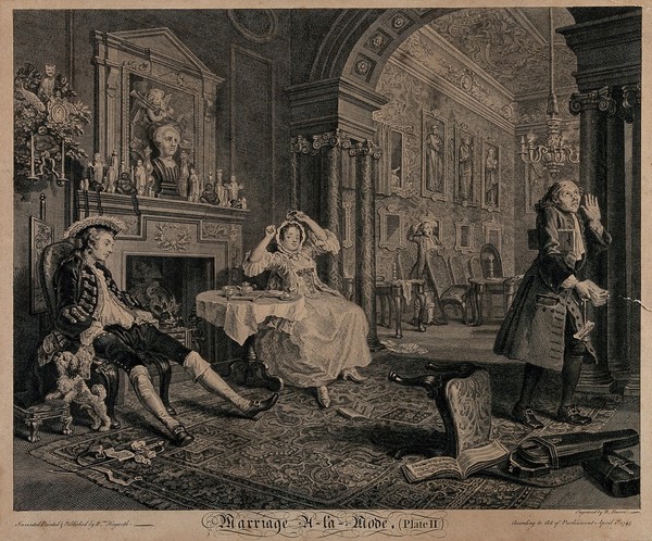 The viscount sits despondent in a chair, his wife indicates tiredness by stretching her arms, while a disapproving steward exits carrying a handful of bills. Engraving by B. Baron after W. Hogarth, 1745.