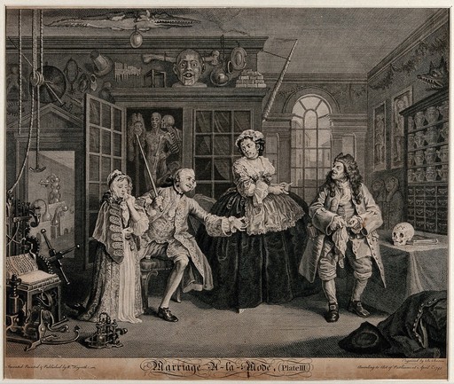 In the cabinet of the quack doctor, the viscount Squanderfield holds out a small pill-box as a young girl dabs her face with a handkerchief. Engraving by B. Baron after W. Hogarth, 1745.