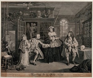 view In the cabinet of the quack doctor, the viscount Squanderfield holds out a small pill-box as a girl dabs her face with a handkerchief. Engraving by B. Baron after W. Hogarth, 1745.