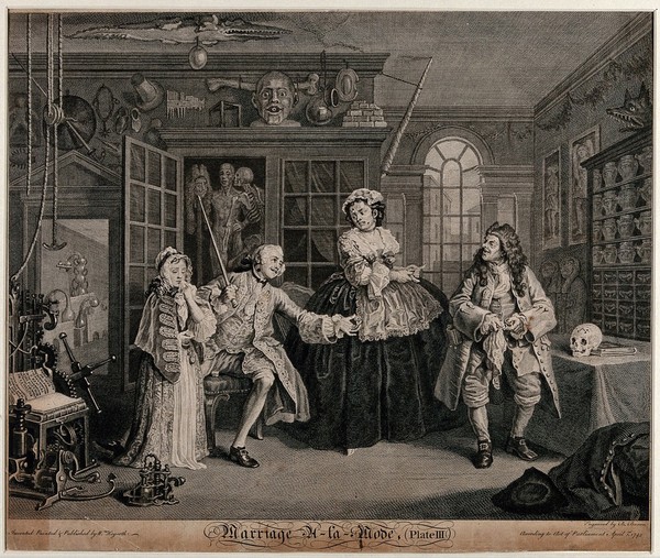 In the cabinet of the quack doctor, the viscount Squanderfield holds out a small pill-box as a girl dabs her face with a handkerchief. Engraving by B. Baron after W. Hogarth, 1745.