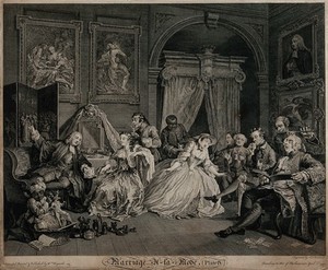 view The countess's levee: a barber dresses her hair while she converses with Silvertongue, her lawyer. Engraving by Simon François Ravenet after W. Hogarth, 1745.