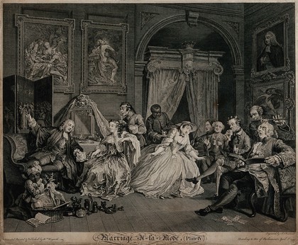 The countess's levee: a barber dresses her hair while she converses with Silvertongue, her lawyer. Engraving by Simon François Ravenet after W. Hogarth, 1745.