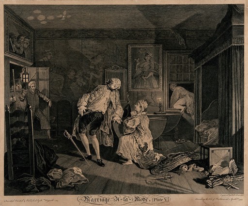 Squanderfield fatally wounded by a rapier leans back as his wife kneels before him; Silvertongue in his nightgown hastily escapes through a window. Engraving by Simon Francois Ravenet after William Hogarth, 1745