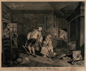 view Squanderfield fatally wounded by a rapier leans back as his wife kneels before him; Silvertongue in his nightgown hastily escapes through a window. Engraving by Simon François Ravenet after William Hogarth, 1745.