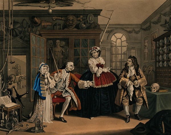 In the museum of the quack doctor, the viscount Squanderfield holds out a small pill-box as a girl dabs her face with a handkerchief. Coloured aquatint after William Hogarth.
