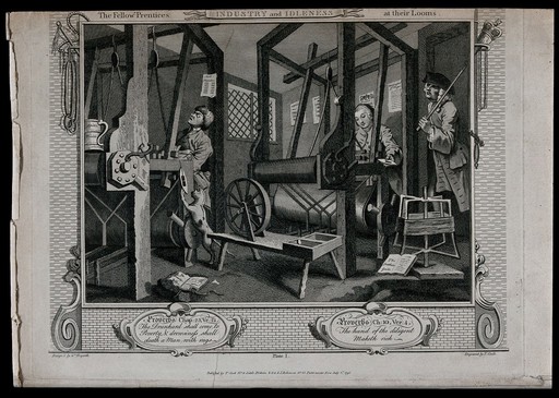 In a Spitalfields silk weaver's shop two contrasting apprentices, Tom Idle, asleep, and Francis Goodchild, engrossed in his work, sit at their looms overseen by their master. Engraving by Thomas Cook after William Hogarth, 1749.