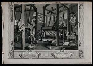 view In a Spitalfields silk weaver's shop two contrasting apprentices, Tom Idle, asleep, and Francis Goodchild, engrossed in his work, sit at their looms overseen by their master. Engraving by Thomas Cook after William Hogarth, 1749.