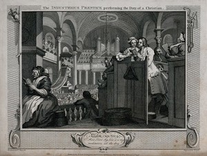 view In the company of his master's daughter Francis Goodchild sings attentively from a hymn book during a church service. Engraving by Thomas Cook after William Hogarth, 1796.