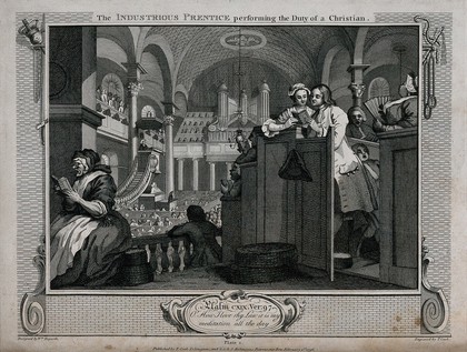 In the company of his master's daughter Francis Goodchild sings attentively from a hymn book during a church service. Engraving by Thomas Cook after William Hogarth, 1796.