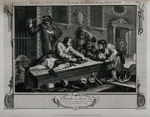 In the graveyard of a church, Tom Idle gambles with some disreputable companions on a tombstone; the parish beadle stands behind and raises a stick as if to beat Idle. Engraving by Thomas Cook after William Hogarth, 1795.