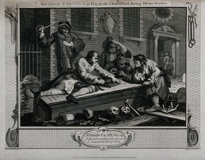 view In the graveyard of a church, Tom Idle gambles with some disreputable companions on a tombstone; the parish beadle stands behind and raises a stick as if to beat Idle. Engraving by Thomas Cook after William Hogarth, 1795.