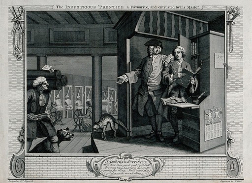 A bewigged Francis Goodchild stands with his master in the counting house raised above the level of the workshop where the weavers and spinners work, holding a ledger, a money-bag and two keys. Engraving by Thomas Cook after William Hogarth, 1795.