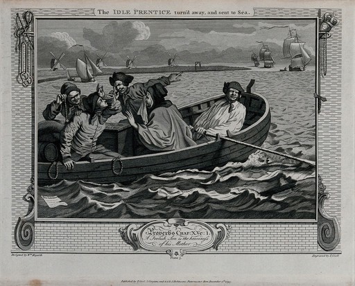 Casting his contract into the sea, Tom Idle in a rowing boat heads towards a sailing ship past a point of land with four windmills and a prominent gibbet. Engraving by Thomas Cook after William Hogarth, 1795