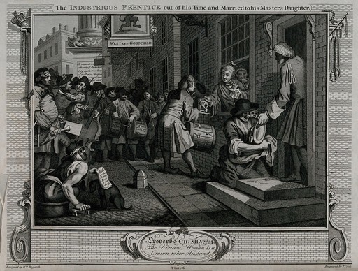 Francis Goodchild, taking tea with his new wife, pays a drummer representing a group of serenading musicians, as was the custom, from his City house close to the Monument. Engraving by Thomas Cook after William Hogarth.