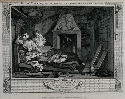 Tom Idle and a prostitute sit on a broken bed in a garret. Idle is startled by a cat falling down the chimney, but the prostitute is unmoved and admires a stolen earring. Engraving by Thomas Cook after William Hogarth, 1795.