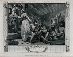 view A prostitute gives evidence to a magistrate: she points towards Tom Idle dividing loot with his accomplice, as a corpse is being disposed of through a trapdoor. Engraving by Thomas Cook, 1795, after William Hogarth.