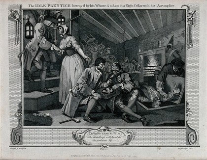 A prostitute gives evidence to a magistrate: she points towards Tom Idle dividing loot with his accomplice, as a corpse is being disposed of through a trapdoor. Engraving by Thomas Cook, 1795, after William Hogarth.