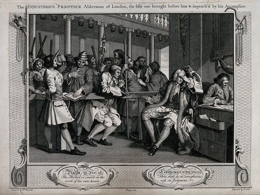 Tom Idle and Francis Goodchild, once colleagues meet at a session of the court of justice; Idle is a pleading defendant while Goodchild wearing the furred robe and chain of an alderman is the acting magistrate. Engraving by Thomas Cook after William Hogarth.