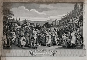 view A crowd of spectators wait as Tom Idle is driven in a cart with his coffin to his place of execution and the gallows. Engraving by Thomas Cook after William Hogarth, 1795.