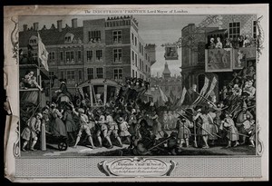 view The procession of Francis Goodchild, Lord Mayor of London, in an elegant ceremonial coach, watched by a crowd on the ground and Frederick, Prince of Wales, with his consort, on a balcony. Engraving by Thomas Cook after William Hogarth, 1795.