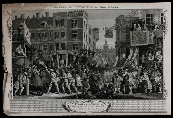 The procession of Francis Goodchild, Lord Mayor of London, in an elegant ceremonial coach, watched by a crowd on the ground and Frederick, Prince of Wales, with his consort, on a balcony. Engraving by Thomas Cook after William Hogarth, 1795.