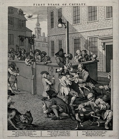A street scene in which a dog is maltreated; a young man intervenes by offering his food to the miscreants. Engraving by William Hogarth, 1751.