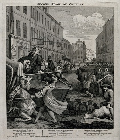 Tom Nero, a hackney coach driver, beats with sadistic cruelty a disabled horse; a herdsman cudgels a sheep and a sleeping drayman runs over a boy with a hoop. Engraving by William Hogarth, 1751.