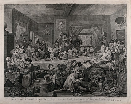 At a comical and rowdy election banquet two Whig candidates mingle with their electors who comprise a chaotic range of individuals; at the same time, and visible through a window, parades the rival Tory supporter. Engraving by W. Hogarth, 1755.
