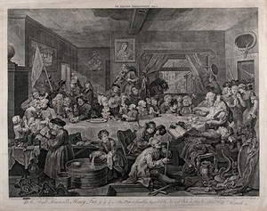 view An election banquet. Engraving by W. Hogarth, 1755.