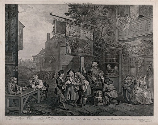 At two inns on the outskirts of a village, vigorous political campaigning, comprising fighting and bribery takes place; a countryman is offered money and cards of invitation by two rival representatives of the Tory and Whig inns. Engraving by Charles Grignion after William Hogarth, 1757.