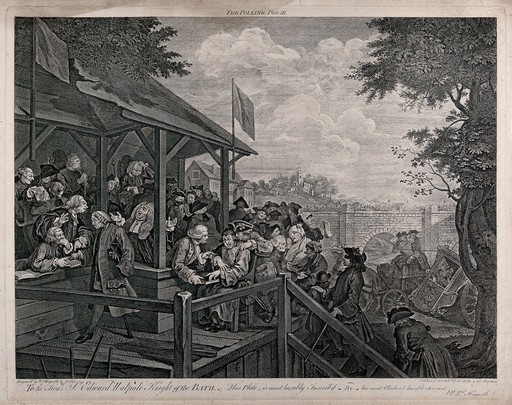At a polling booth reserve voters, consisting of an imbecile, a dying man and others proceed up the stairs to take oaths; in the background Britannia sits in a coach that has foundered while the coachman and footman play at cards. Engraving by William Hogarth and Francois Morellon de la Cave, 1758.