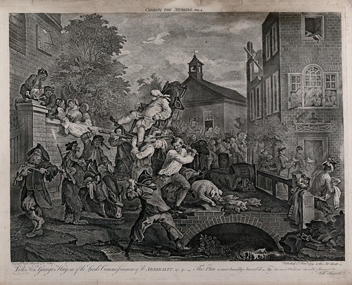 A triumphant candidate, borne aloft by his supporters, is about to topple from his chair due to an obstructing donkey, the disturbance of a fight and a frightened family of swine dashing underneath. Engraving by William Hogarth and Francois Antoine Aviline, 1758.