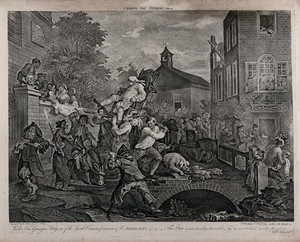 view A triumphant candidate, borne aloft by his supporters, is about to topple from his chair due to an obstructing donkey, the disturbance of a fight and a frightened family of swine dashing underneath. Engraving by William Hogarth and François Antoine Aviline, 1758.