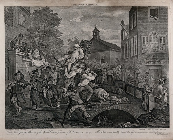 A triumphant candidate, borne aloft by his supporters, is about to topple from his chair due to an obstructing donkey, the disturbance of a fight and a frightened family of swine dashing underneath. Engraving by William Hogarth and François Antoine Aviline, 1758.
