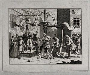 view The comedian James Spiller is selling tickets under a giant set of scales which is weighing the actor's debts against his proceeds from theatre tickets. Etching by T. Cook, 1808, after W. Hogarth.