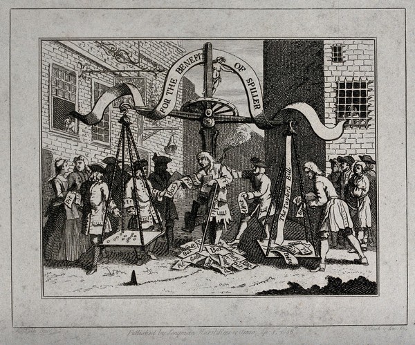 The comedian James Spiller is selling tickets under a giant set of scales which is weighing the actor's debts against his proceeds from theatre tickets. Etching by T. Cook, 1808, after W. Hogarth.