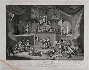 view The lottery: the allegorical figures of virtue and vice perform a show on stage; various allegorical figures in the foreground. Engraving by T. Cook after W. Hogarth, 1724.