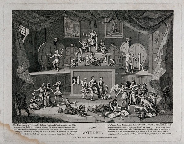 The lottery: the allegorical figures of virtue and vice perform a show on stage; various allegorical figures in the foreground. Engraving by T. Cook after W. Hogarth, 1724.