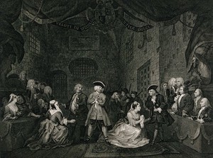 view The Beggar's opera: on trial for robbery, Captain Macheath stands in shackles in Newgate prison, while two of his lovers (Polly Peachum and Lucy Lockit) plead for his life. Engraving by W. Blake after W. Hogarth, 1st July 1790.