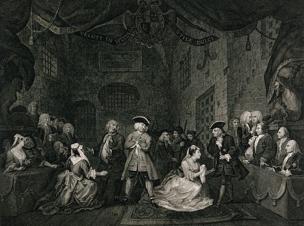 The Beggar's opera: on trial for robbery, Captain Macheath stands in shackles in Newgate prison, while two of his lovers (Polly Peachum and Lucy Lockit) plead for his life. Engraving by W. Blake after W. Hogarth, 1st July 1790.