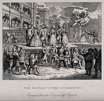 The Beggar's Opera performed by actors with animal heads; musicians in the foreground. Etching, 1833.