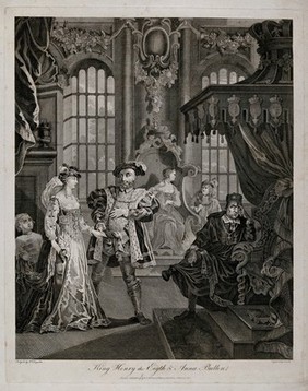 Henry VIII holding the hand of Ann Boleyn; Cardinal Wolsey sits by the throne on the right, Katherine of Aragon in the background. Engraving by T. Cook after W. Hogarth, 1804.